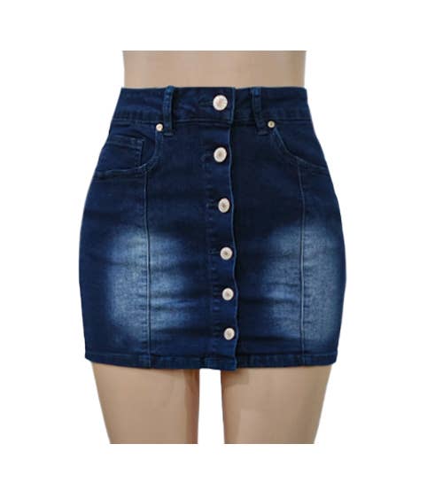 Button Front High Waist Denim Mini Skirt