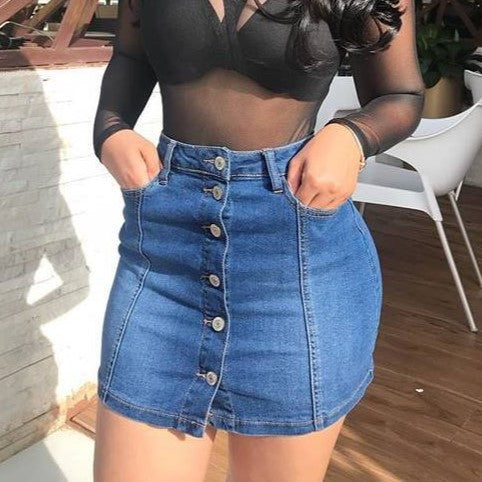 Button Front High Waist Denim Mini Skirt - view 1