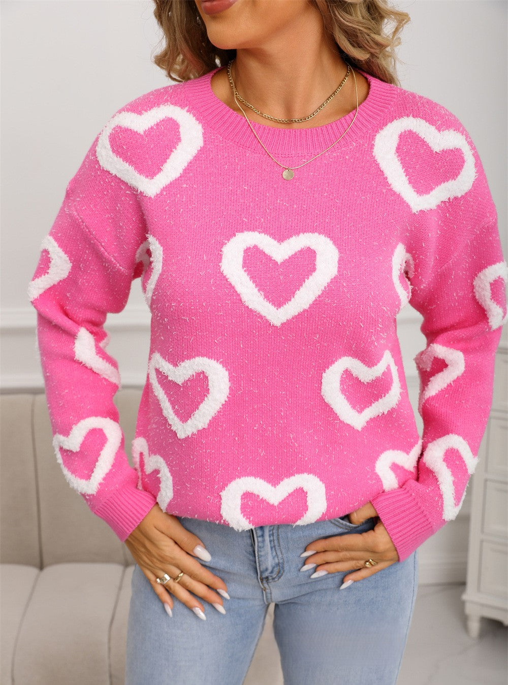 Fuzzy Heart Pattern Pullover Sweater - Rosered - 1