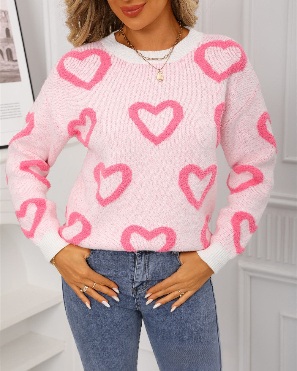 Fuzzy Heart Pattern Pullover Sweater - White
