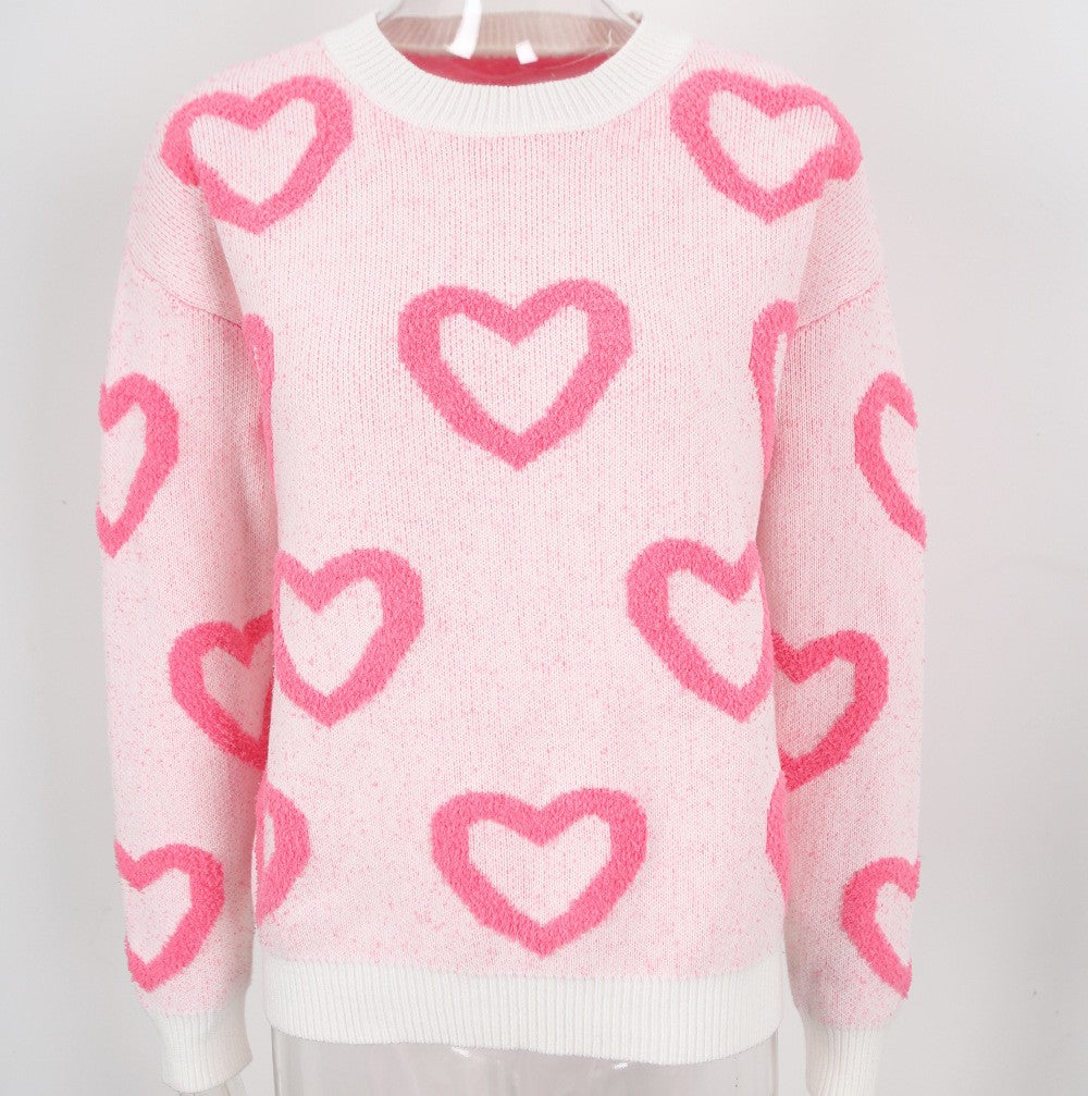 Fuzzy Heart Pattern Pullover Sweater - White - 1