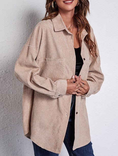 Longline Corduroy Shacket With Curved Hem - Khaki - 2