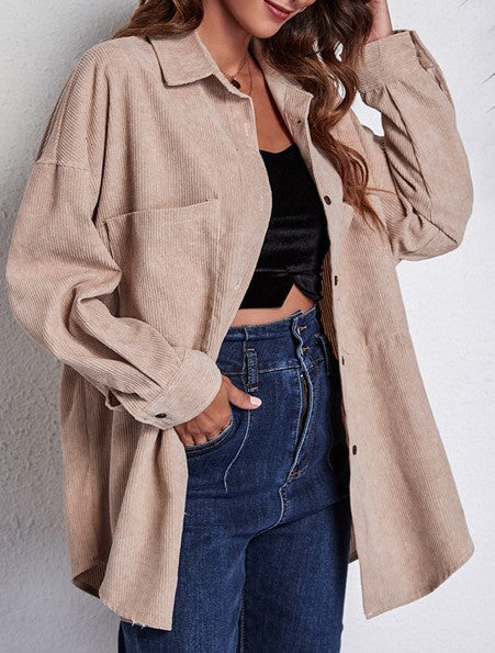 Longline Corduroy Shacket With Curved Hem - Khaki - 3
