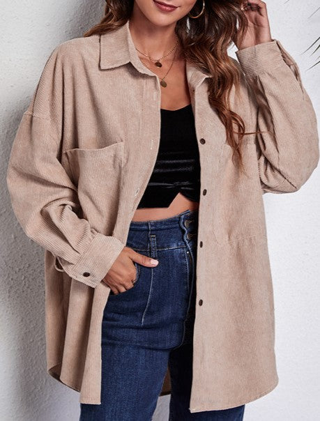 Longline Corduroy Shacket With Curved Hem - Khaki - 4