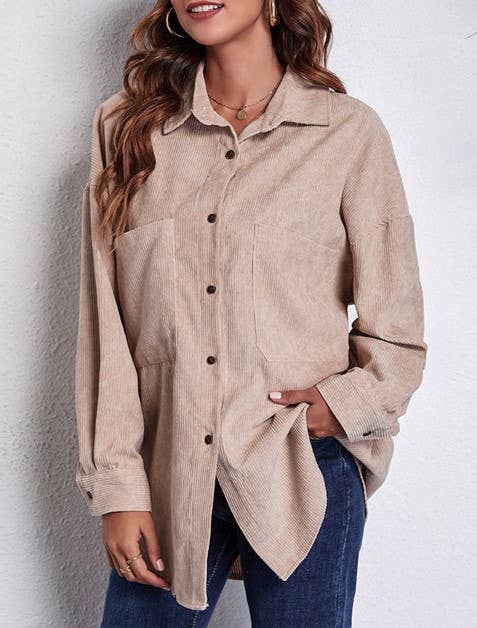 Longline Corduroy Shacket With Curved Hem