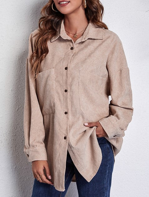 Longline Corduroy Shacket With Curved Hem - view 1