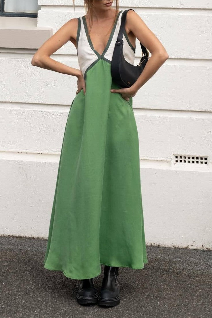 Color Block Contrast Panel Slip Maxi Dress - Green - 4