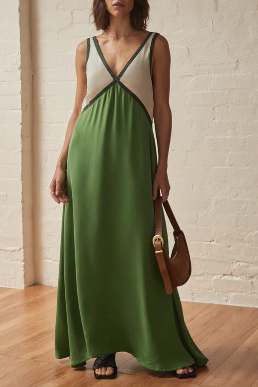 Color Block Contrast Panel Slip Maxi Dress - Green - 6