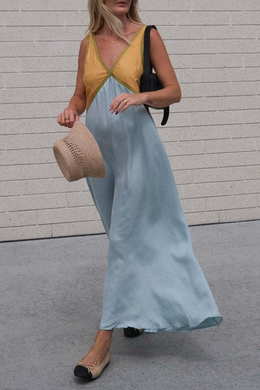 Color Block Contrast Panel Slip Maxi Dress - LT-Blue - 2