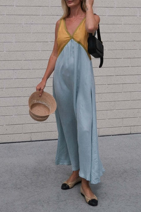 Color Block Contrast Panel Slip Maxi Dress - LT-Blue - 3