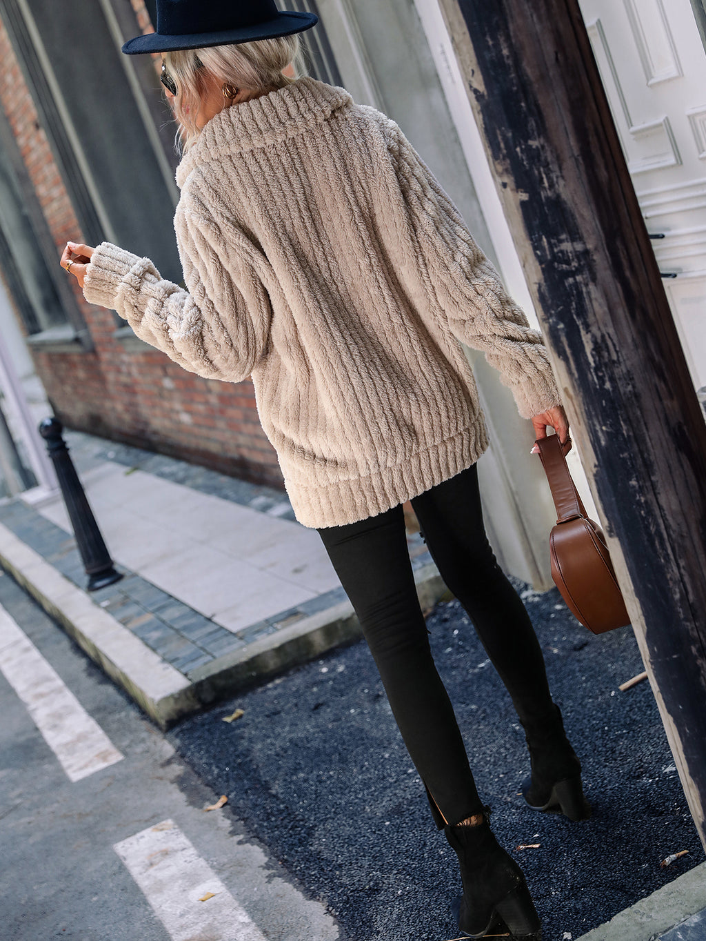 Zip Up Ribbed Plush Fleece Jacket - coffee
