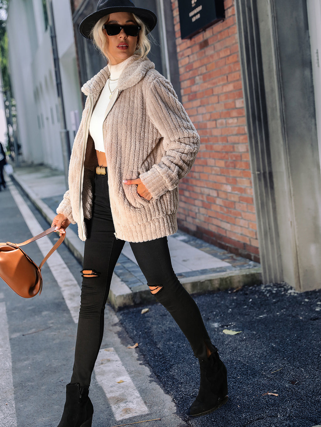 Zip Up Ribbed Plush Fleece Jacket - coffee - 1