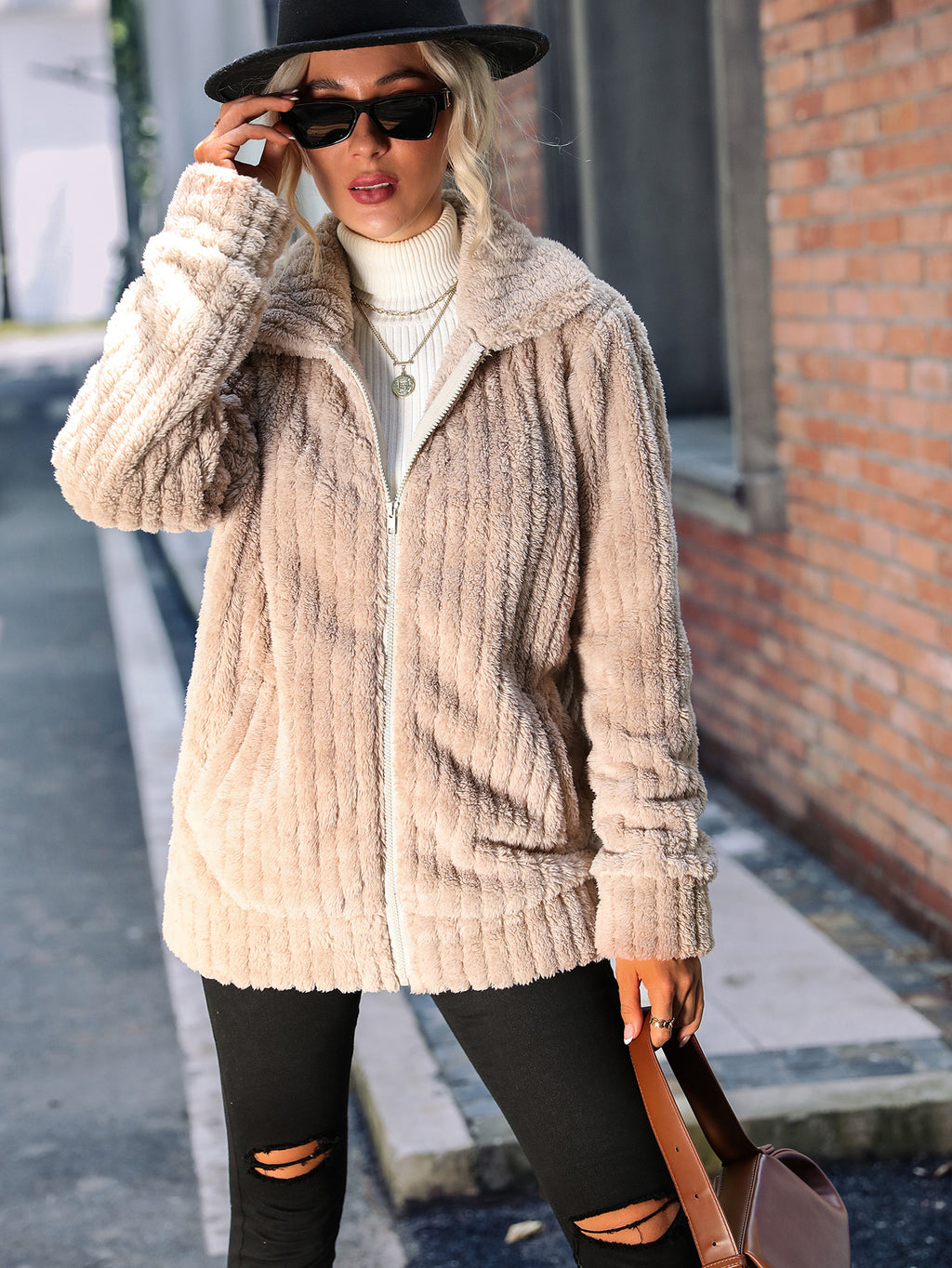 Zip Up Ribbed Plush Fleece Jacket - coffee - 3