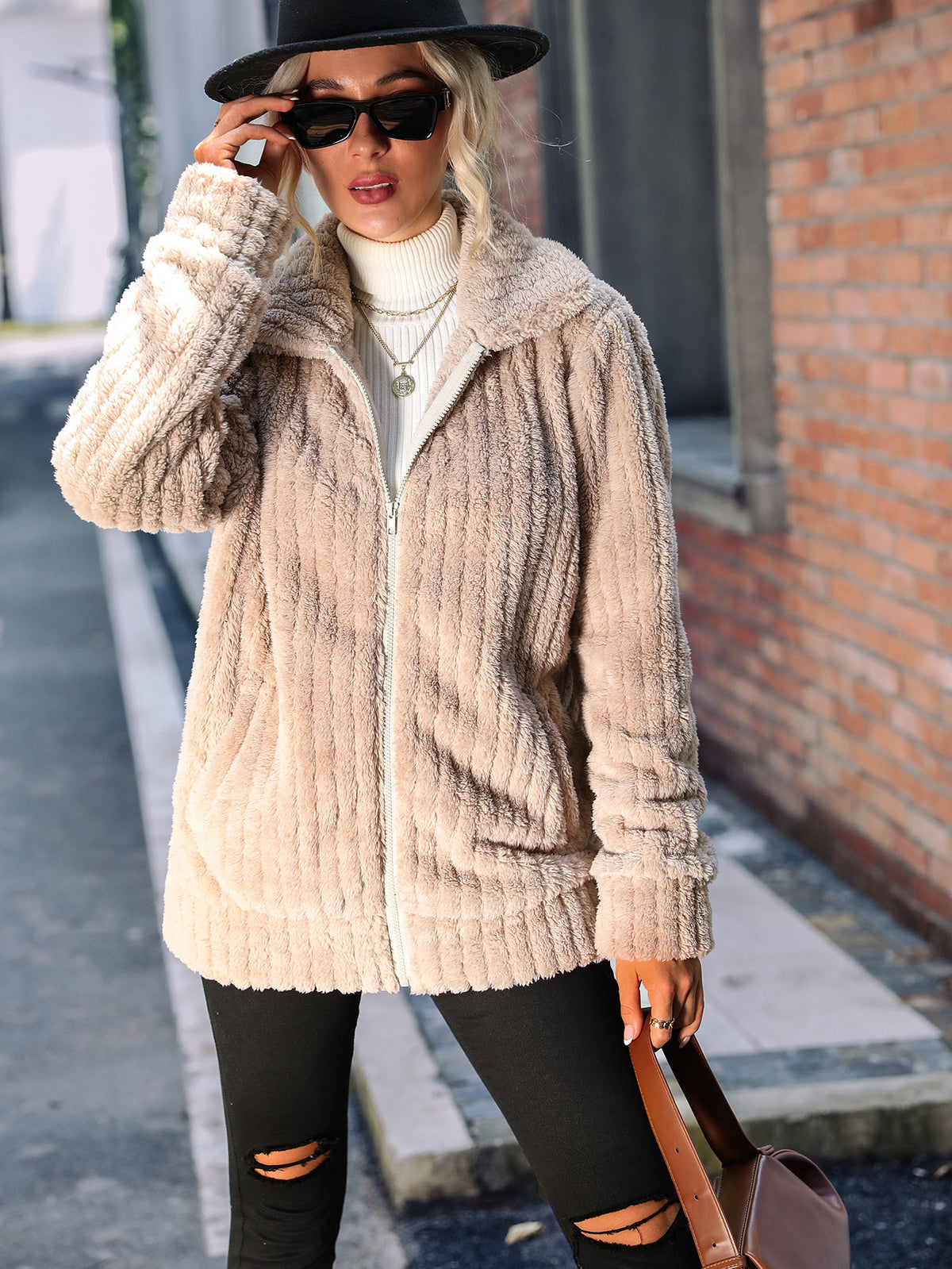 Zip Up Ribbed Plush Fleece Jacket - coffee - 3