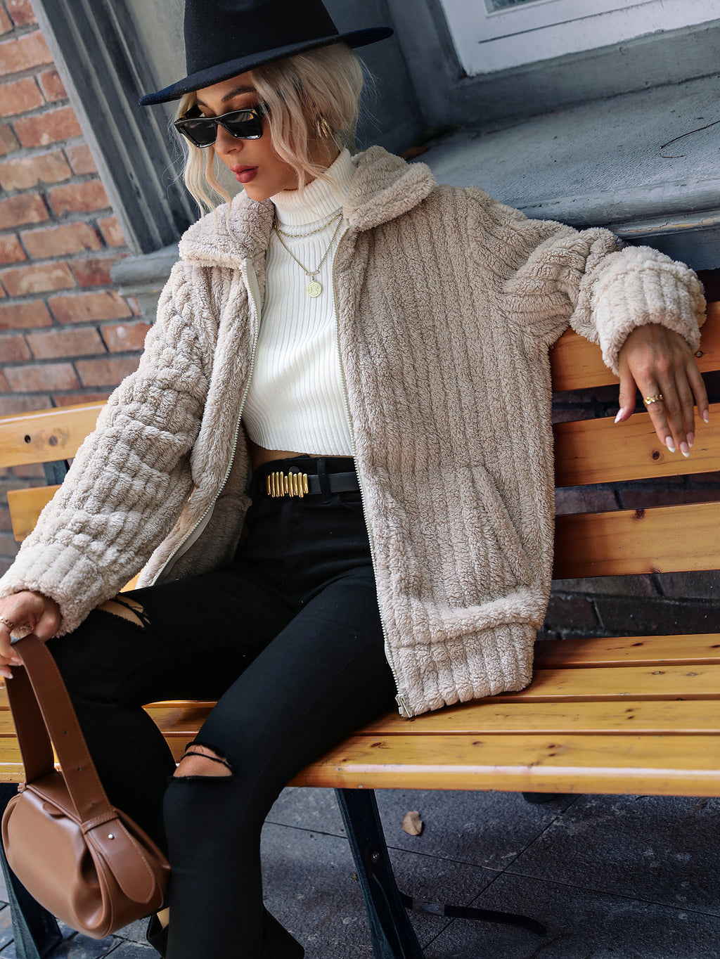 Zip Up Ribbed Plush Fleece Jacket - coffee - 4