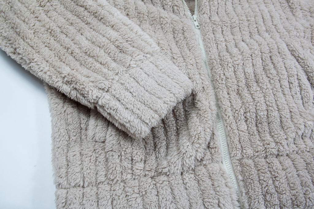 Zip Up Ribbed Plush Fleece Jacket - coffee - 7
