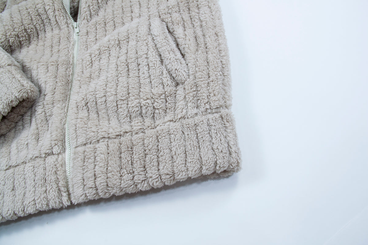 Zip Up Ribbed Plush Fleece Jacket - coffee - 8