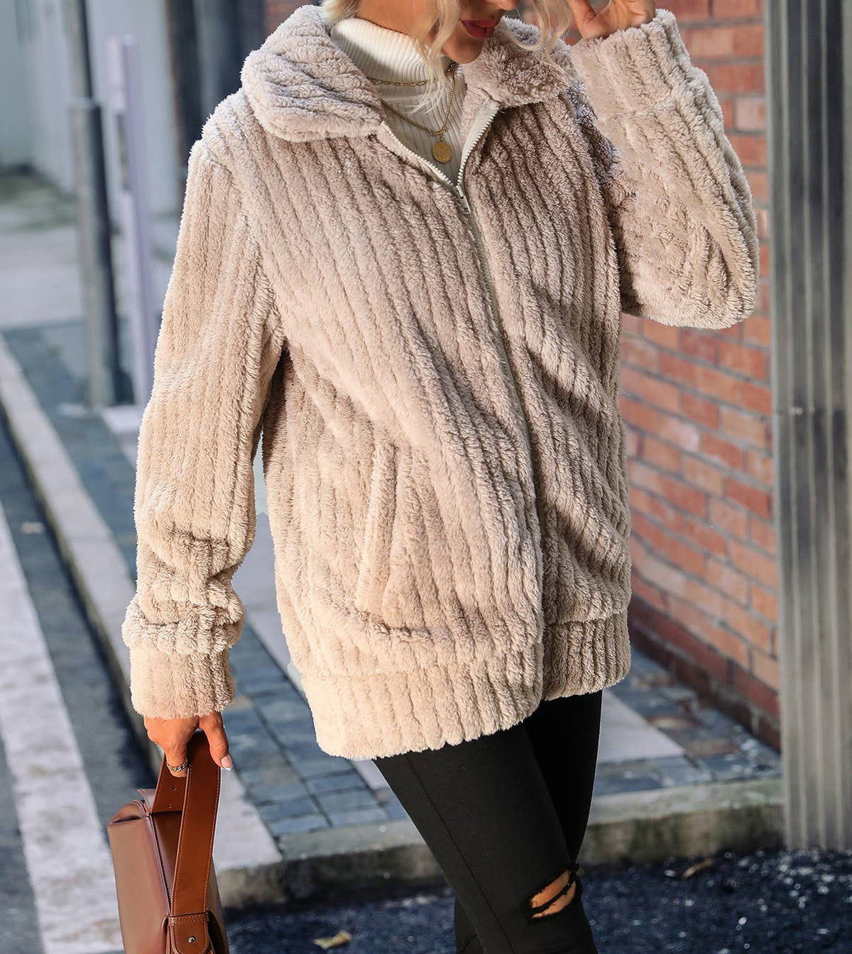 Zip Up Ribbed Plush Fleece Jacket