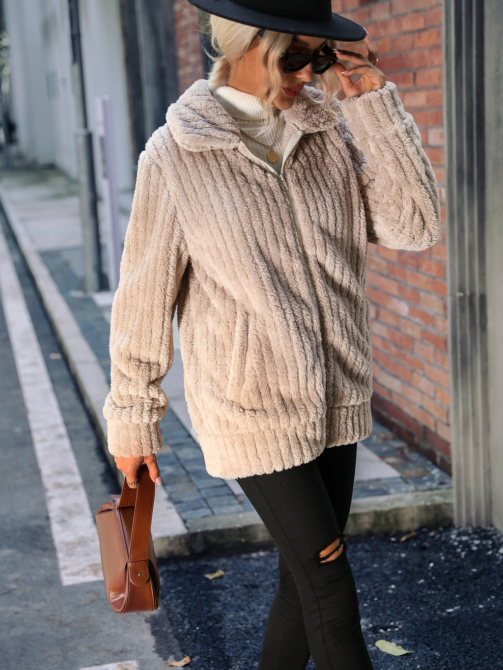 Zip Up Ribbed Plush Fleece Jacket - view 1