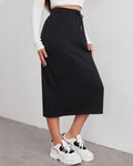 Drawstring Waist Knit Midi Skirt - Black