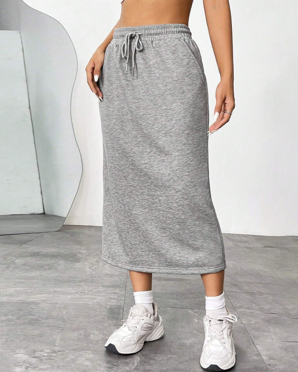 Drawstring Waist Knit Midi Skirt - Gray - 1