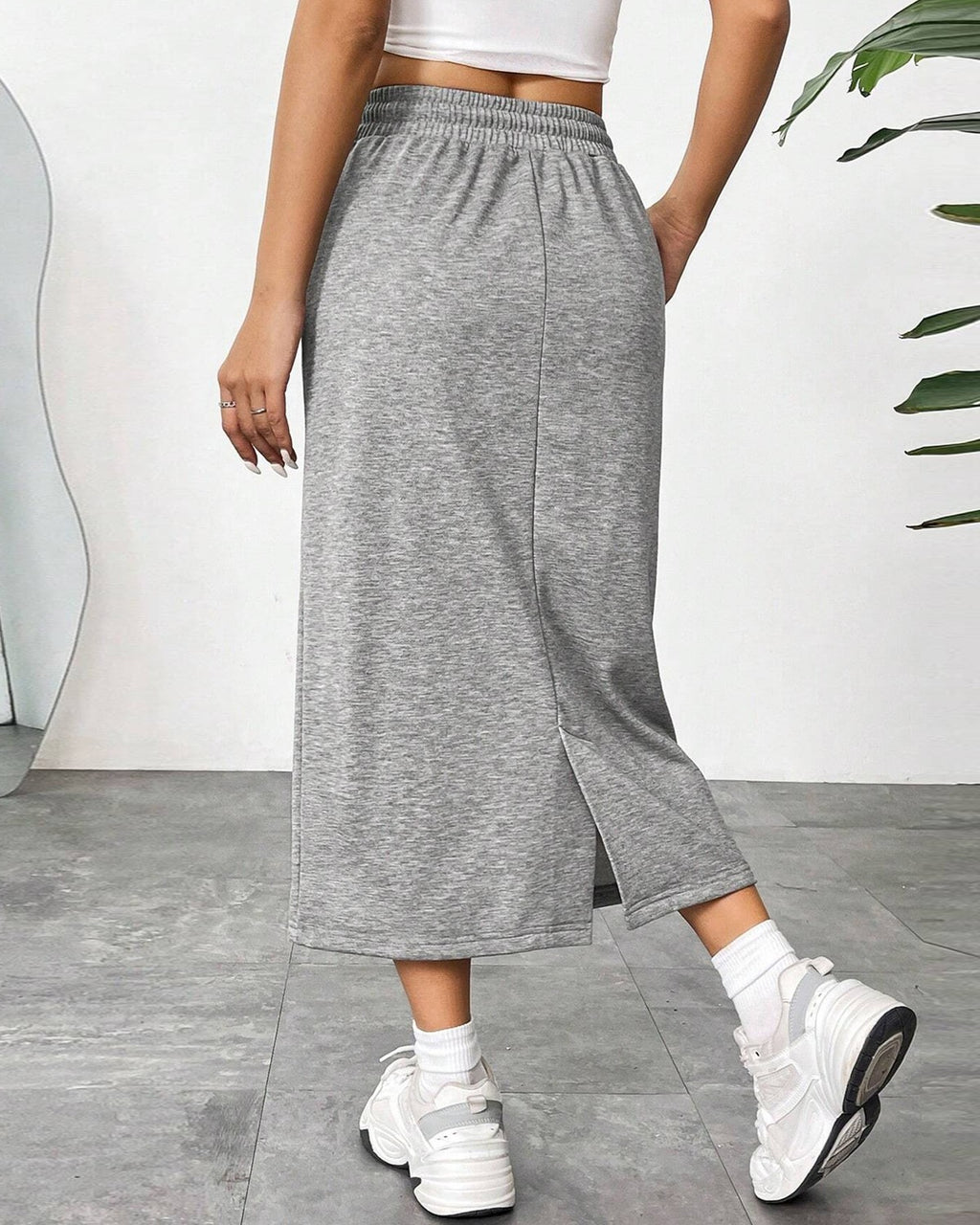 Drawstring Waist Knit Midi Skirt - Gray - 2