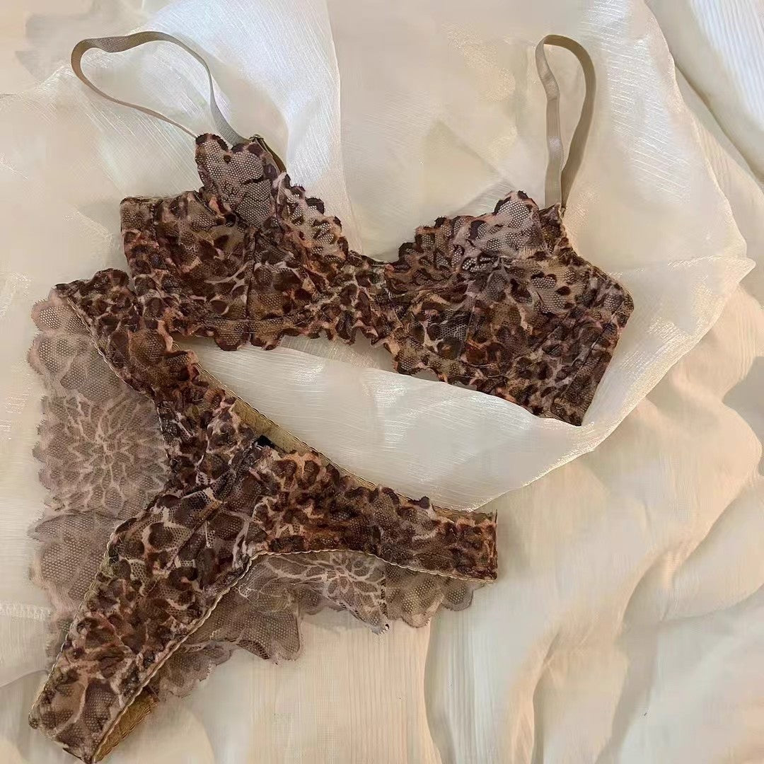 Leopard Print Lace Underwire Bra And Thong Set - Leopard