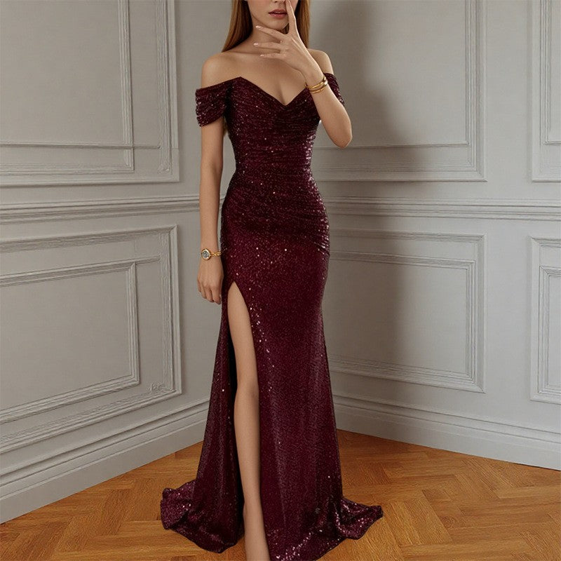 Sequin Off Shoulder Ruched Thigh Slit Maxi Gown - Burgundy