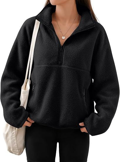 Teddy Fleece Half Zip Stand Collar Jacket - Black