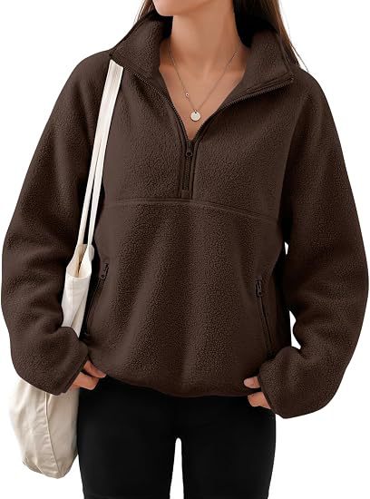 Teddy Fleece Half Zip Stand Collar Jacket - Coffee