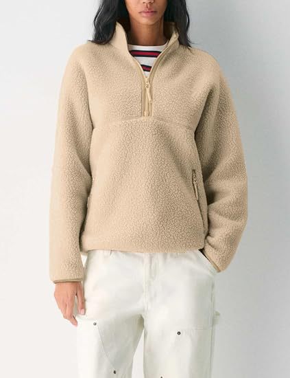 Teddy Fleece Half Zip Stand Collar Jacket - Khaki