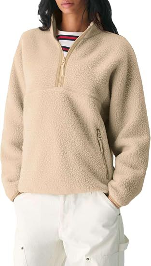 Teddy Fleece Half Zip Stand Collar Jacket - Khaki - 1