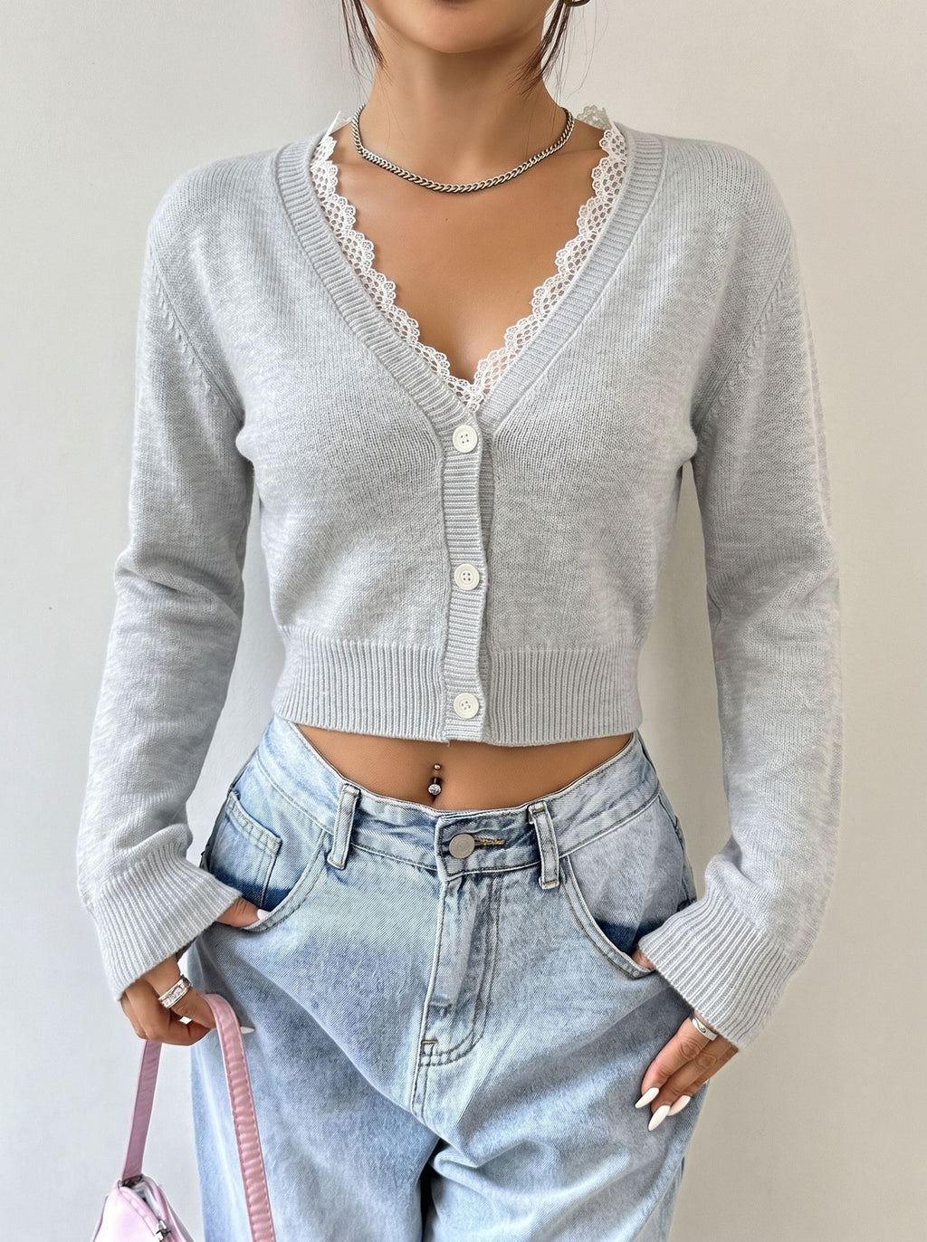 Scalloped Trim Cropped Button Front Sweater - grey