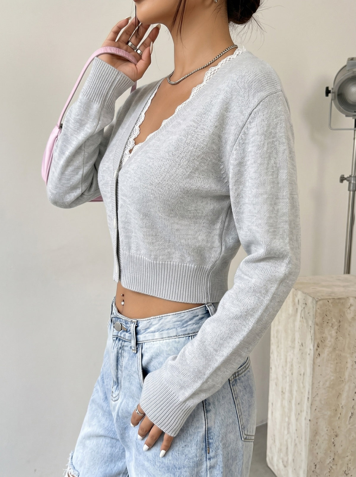 Scalloped Trim Cropped Button Front Sweater - grey - 2