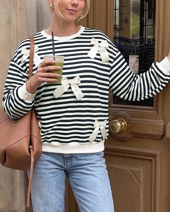 Bow Applique Striped Crewneck Sweatshirt - Black