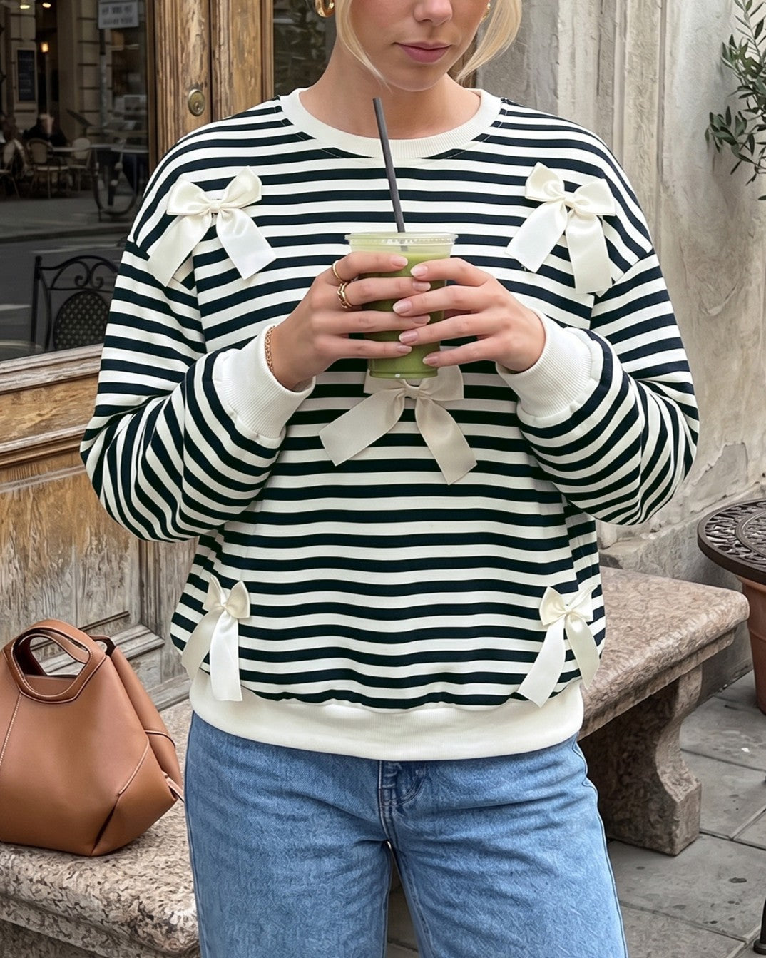 Bow Applique Striped Crewneck Sweatshirt - Black - 1