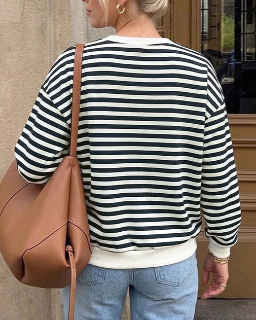 Bow Applique Striped Crewneck Sweatshirt - Black - 2