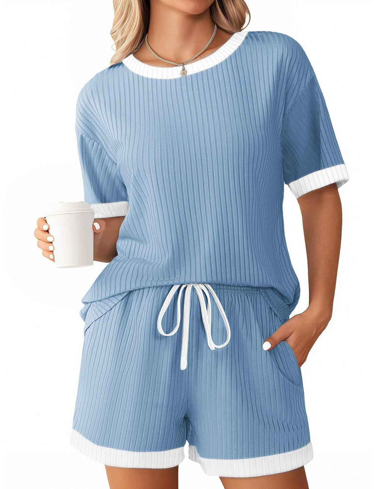 Contrast Trim Ribbed Tee And Shorts Set - Blue