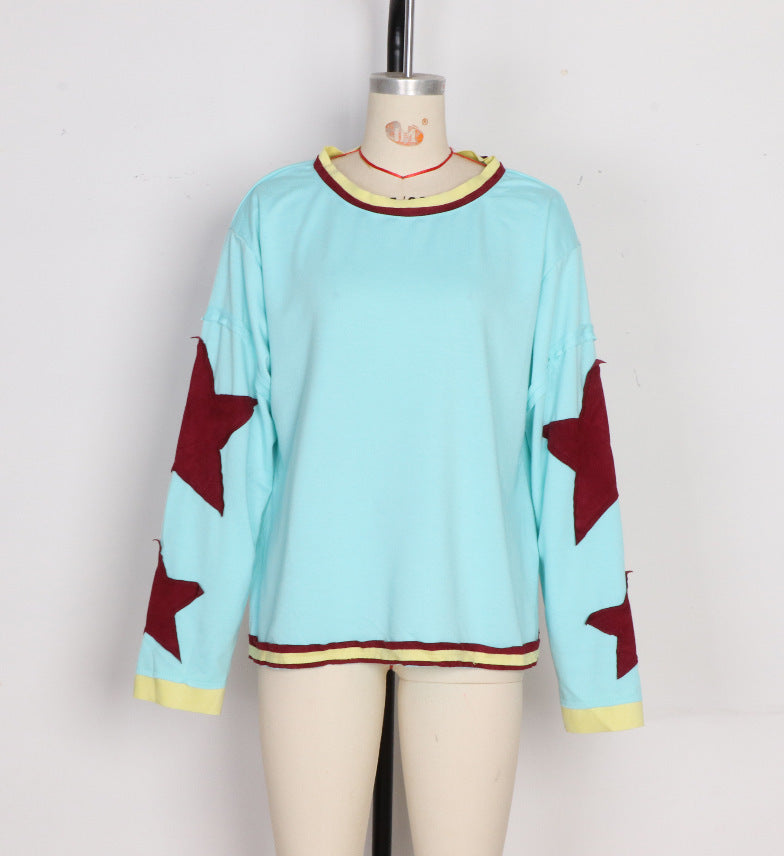Contrast Star Sleeve Oversized Crewneck Tee - Blue