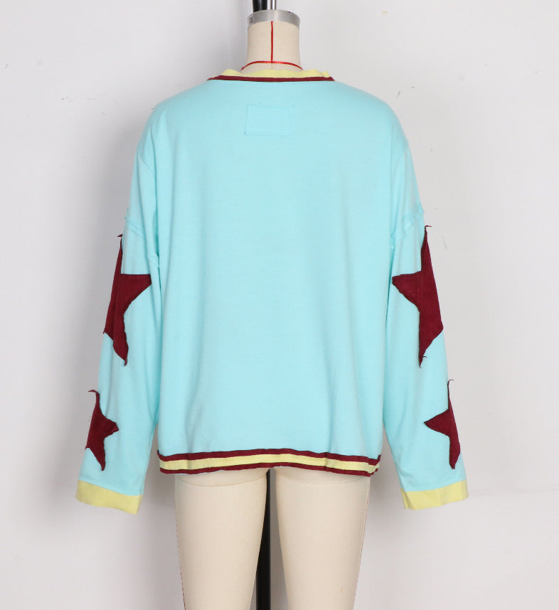Contrast Star Sleeve Oversized Crewneck Tee - Blue - 1