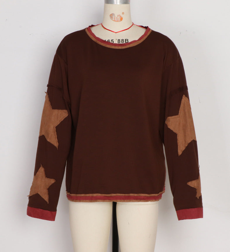 Contrast Star Sleeve Oversized Crewneck Tee - Coffee