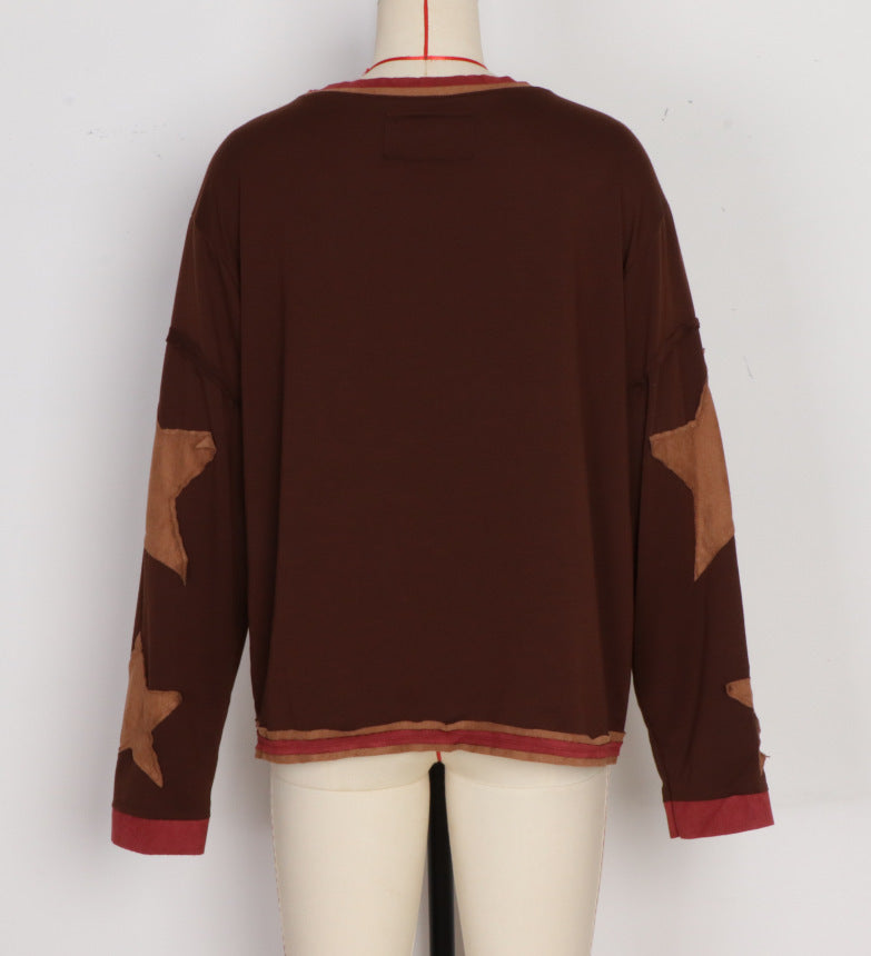 Contrast Star Sleeve Oversized Crewneck Tee - Coffee - 1