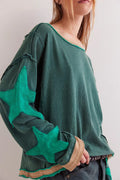 Contrast Star Sleeve Oversized Crewneck Tee - DarkGreen