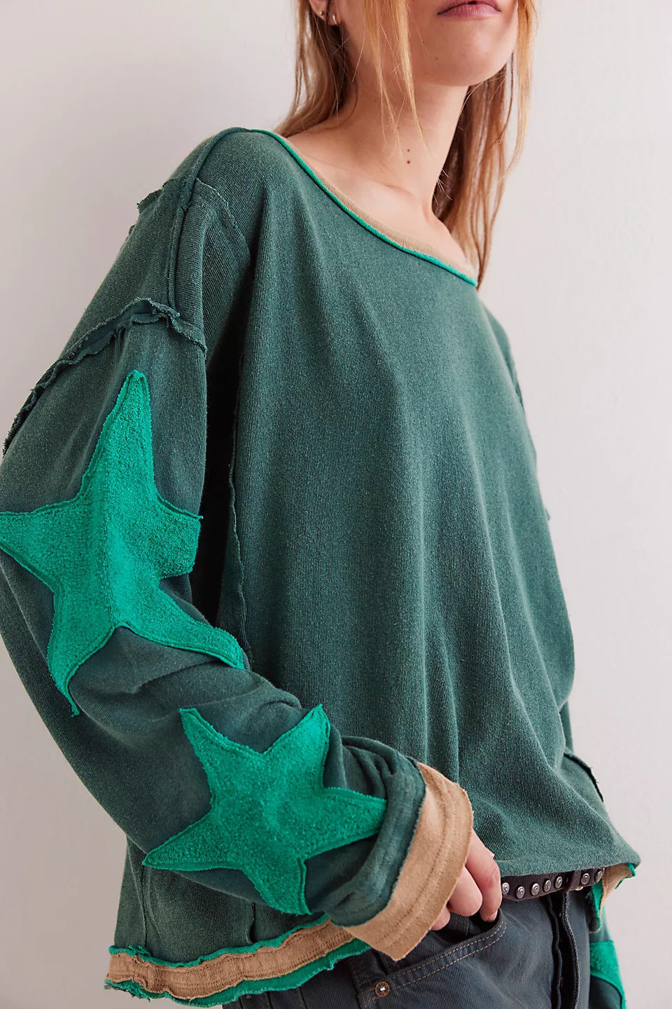 Contrast Star Sleeve Oversized Crewneck Tee - DarkGreen