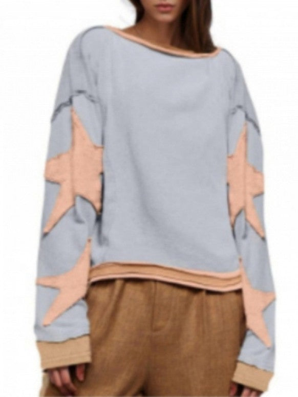 Contrast Star Sleeve Oversized Crewneck Tee - Purple