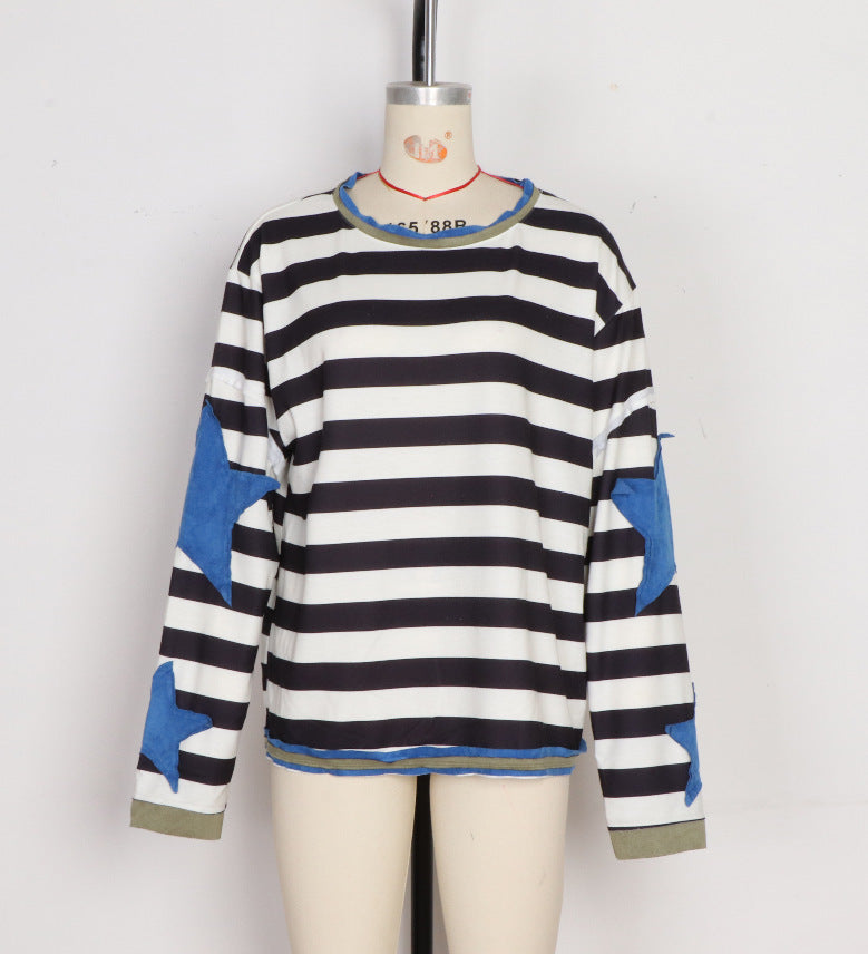 Contrast Star Sleeve Oversized Crewneck Tee - Stripe01