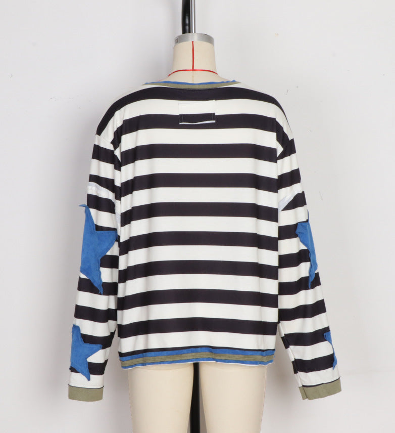Contrast Star Sleeve Oversized Crewneck Tee - Stripe01 - 1