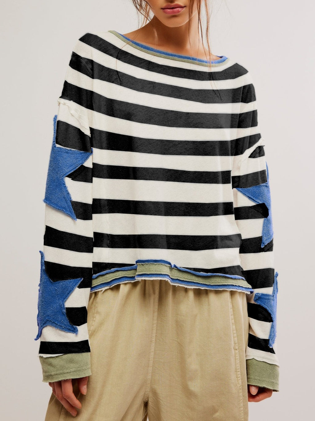 Contrast Star Sleeve Oversized Crewneck Tee - Stripe01 - 2