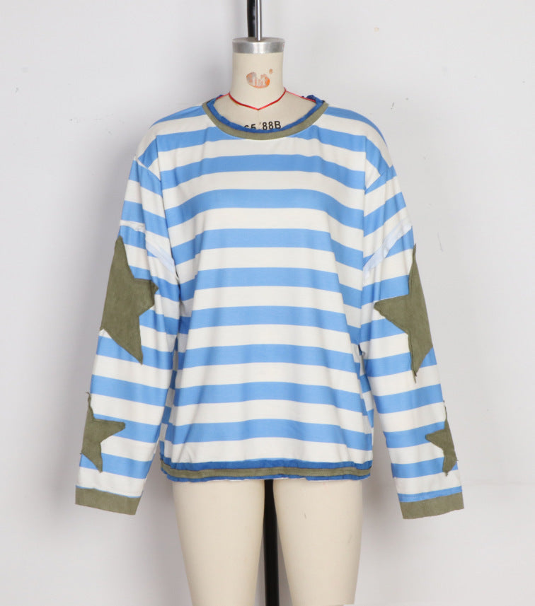 Contrast Star Sleeve Oversized Crewneck Tee - Stripe02