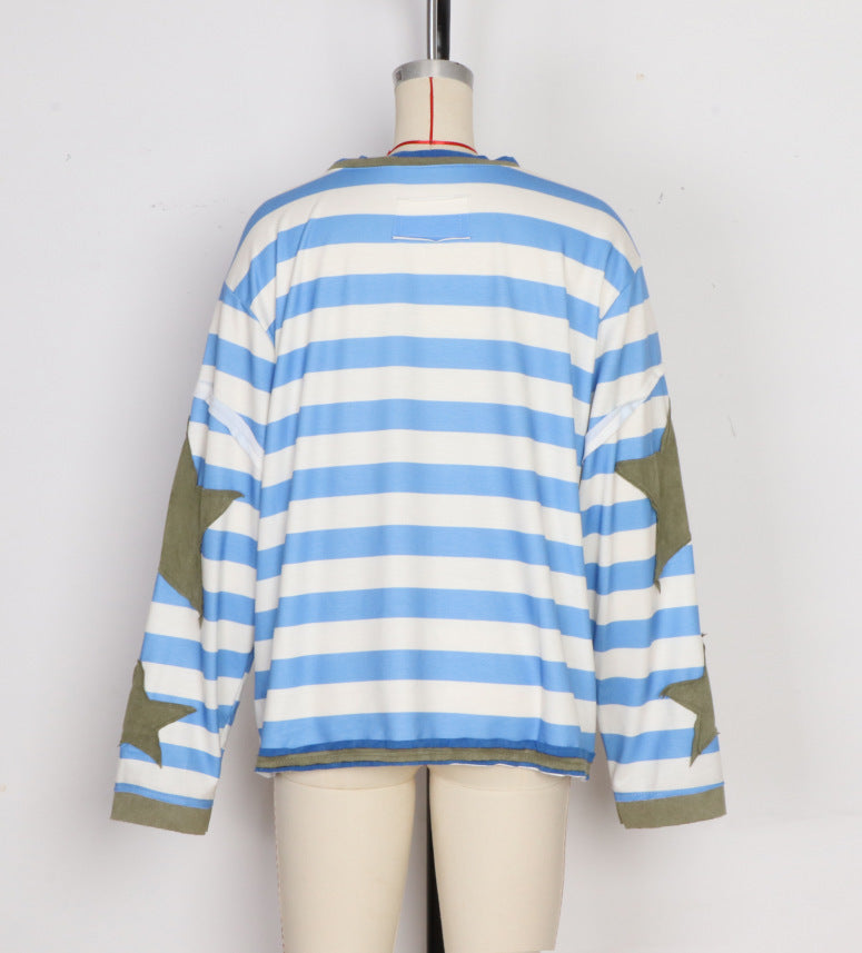 Contrast Star Sleeve Oversized Crewneck Tee - Stripe02 - 1